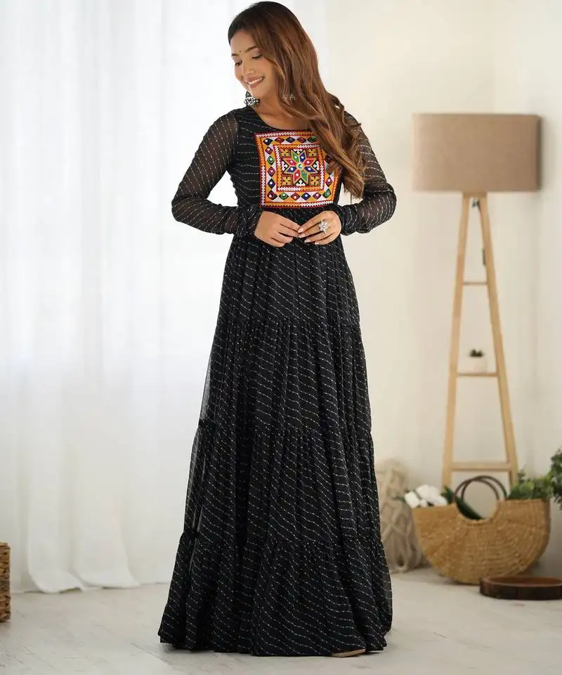 Black colour faux georgette digital print with embroidery work gown stitched