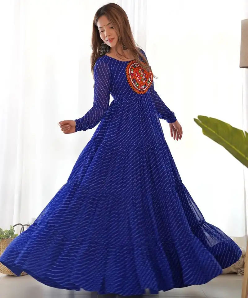 Blue colour faux georgette digital print with embroidery work gown stitched