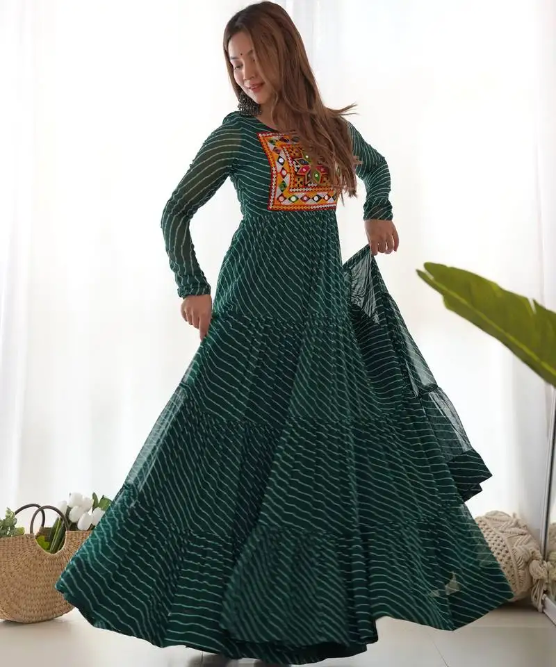 Green colour faux georgette digital print with embroidery work gown stitched