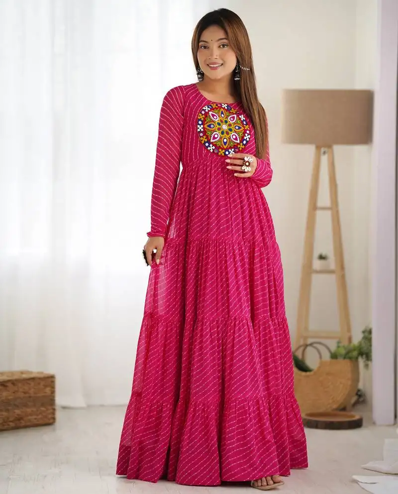 Pink colour faux georgette digital print with embroidery work gown stitched