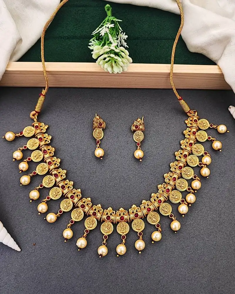 Antique gold coin necklace set with ruby stones & pearl drops – traditional south indian jewellery