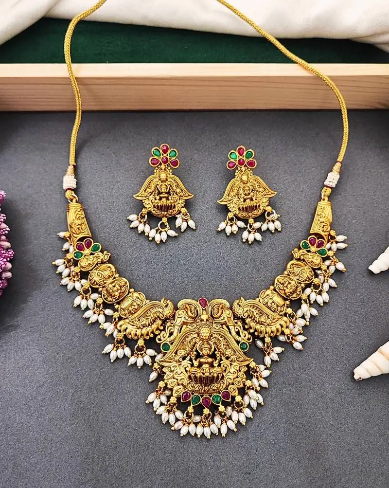 Antique temple laxmi necklace set with earrings – gold plated bridal jewellery