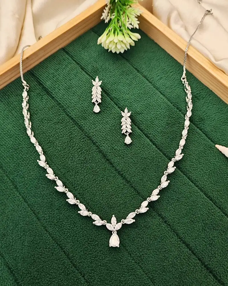 Graceful american diamond leaf design necklace set with earrings for her
