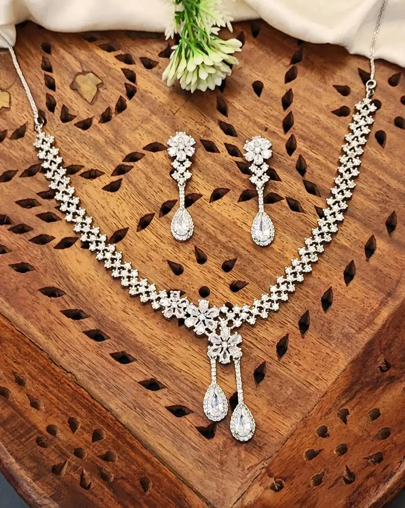 Elegant american diamond floral necklace set with drop earrings for weddings and special occasions