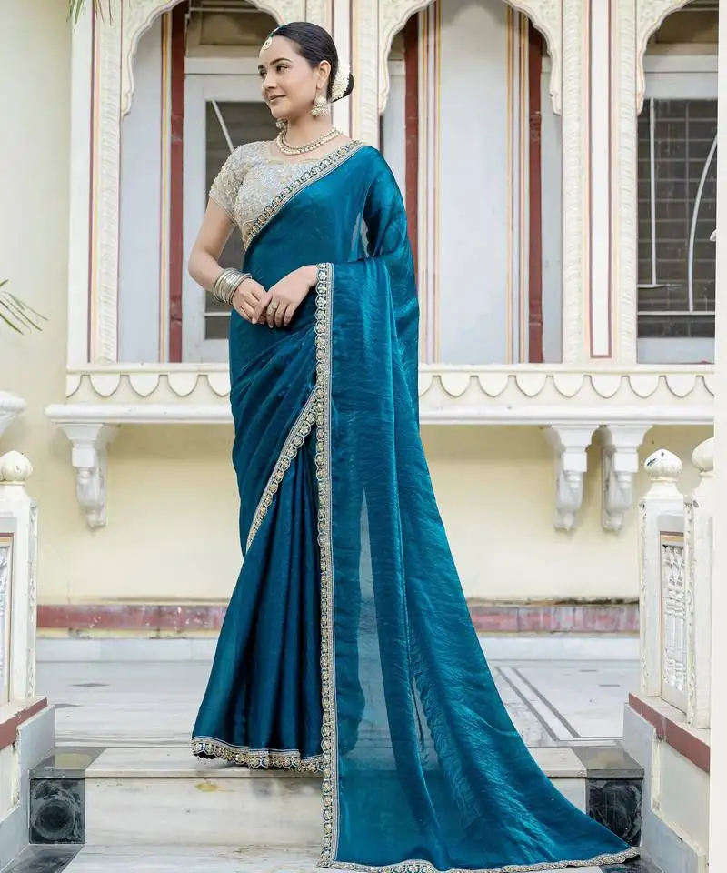 Teal satin solid saree with unstitched blouse