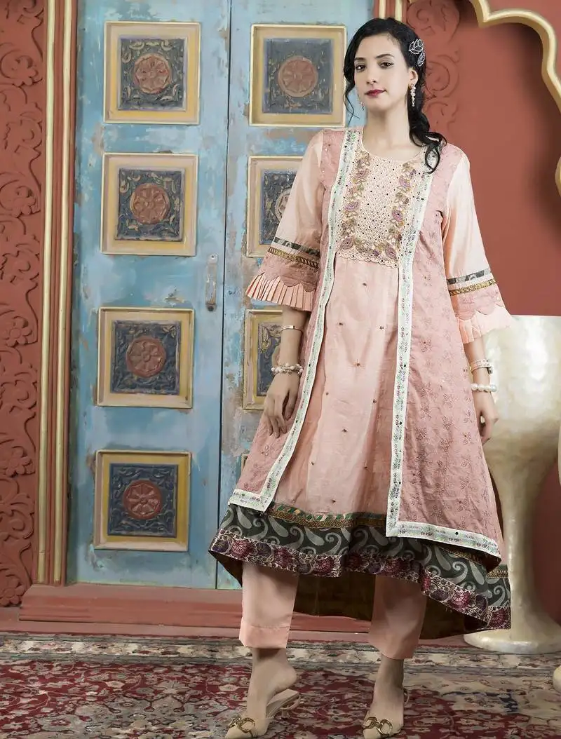 Peach embroidered silk asymmetrical kurta