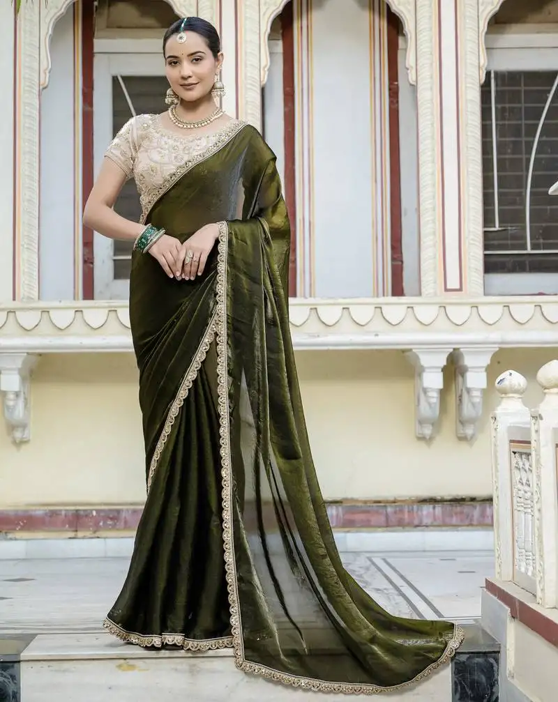 Olive satin solid saree with unstitched blouse