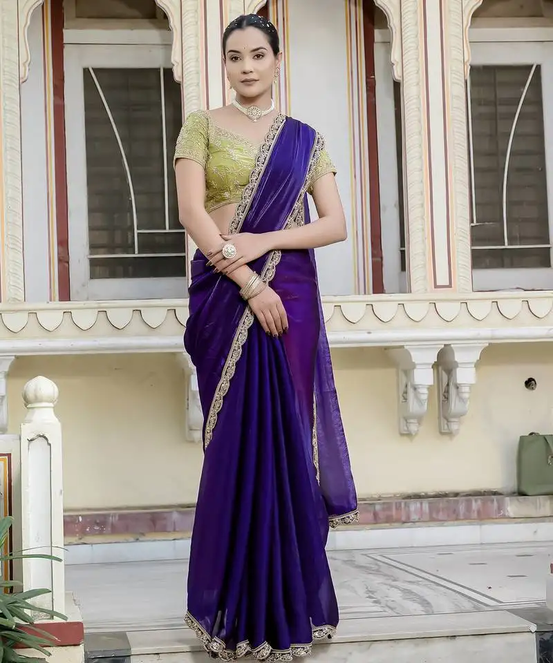 Voilet satin solid saree with unstitched blouse