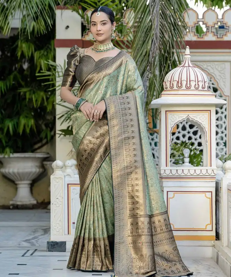 Pista kanjivaram silk blend zari woven saree with unstitched blouse
