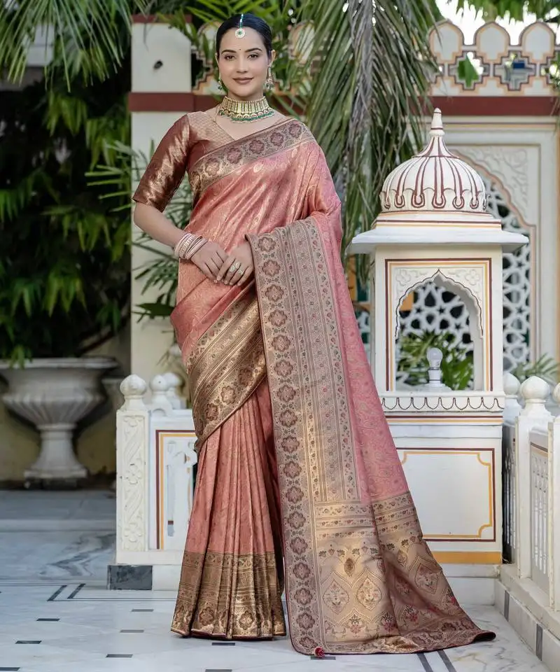 Peach kanjivaram silk blend zari woven saree with unstitched blouse