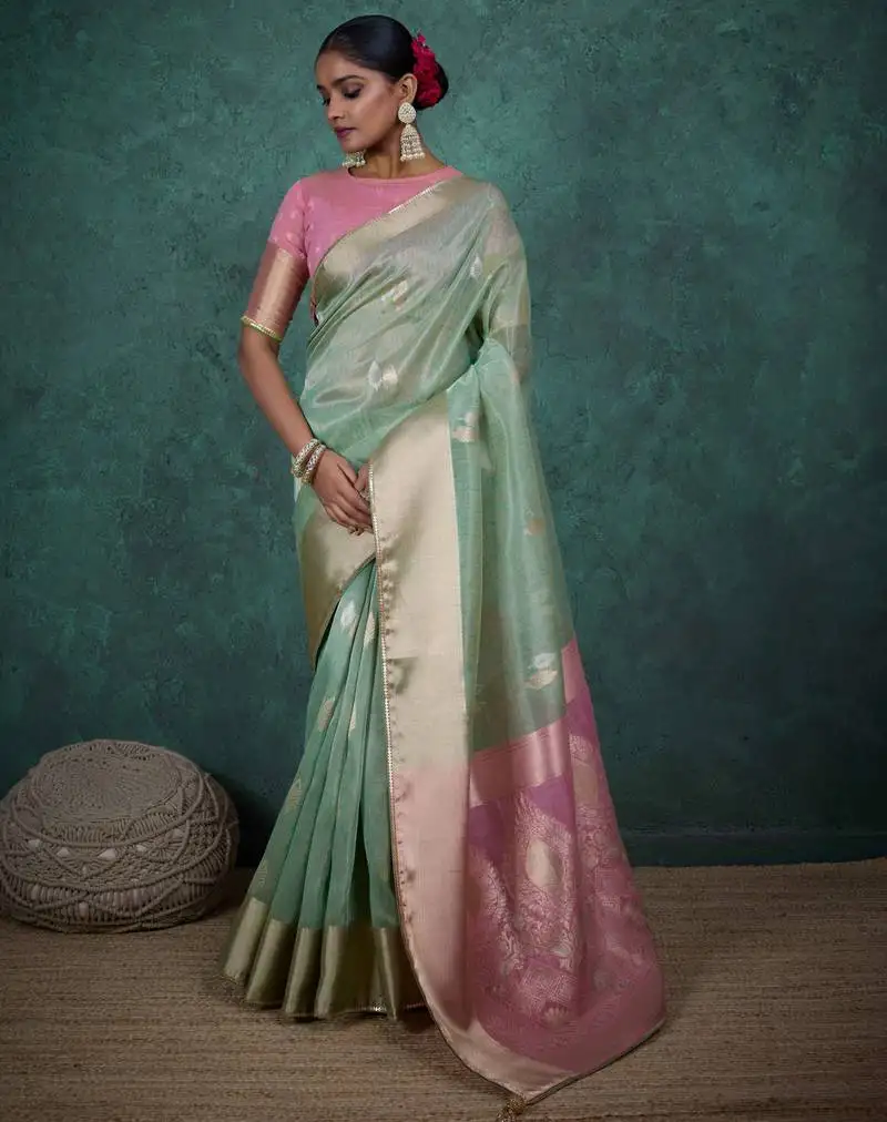 Mint linen blend zari woven saree with unstitched blouse