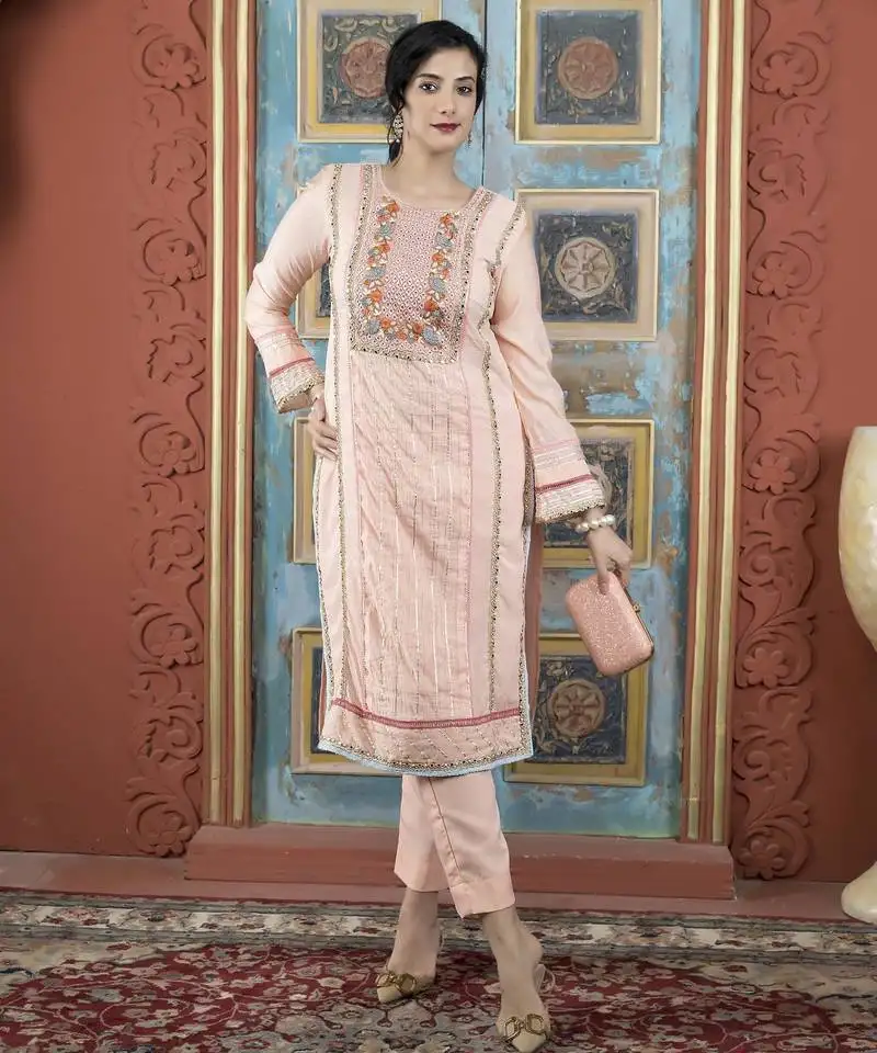 Peach embroidered silk straight cut kurta