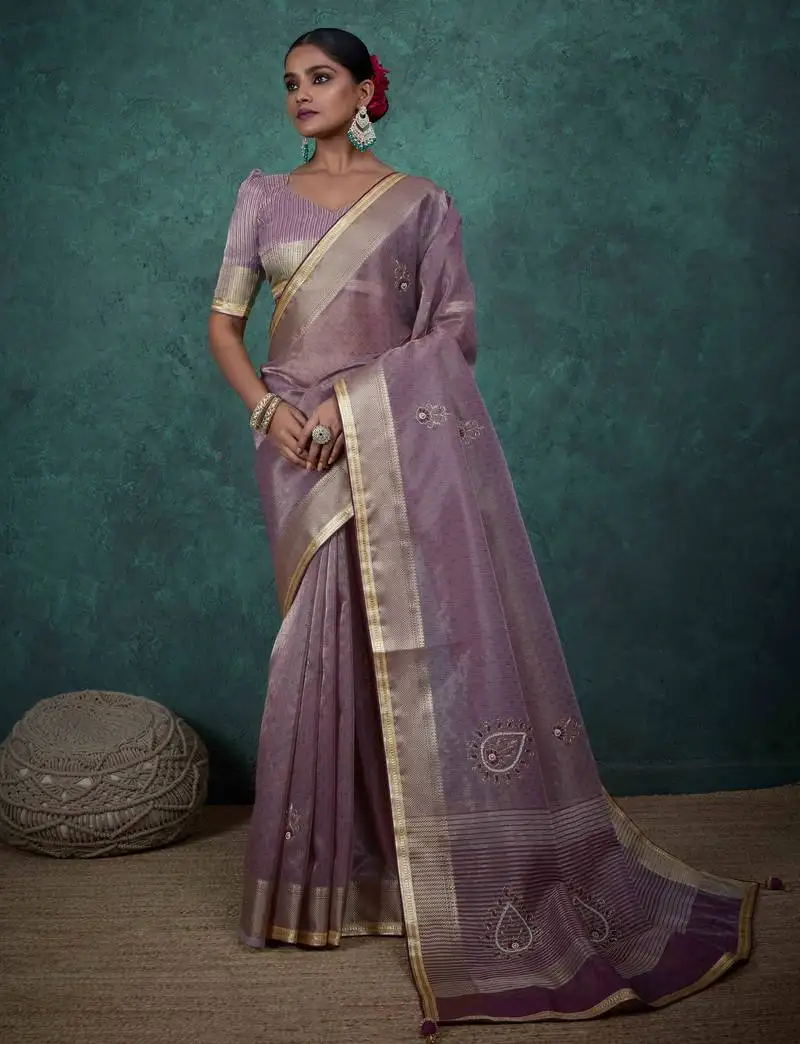 Mauve tissue linen zari woven saree with unstitched blouse