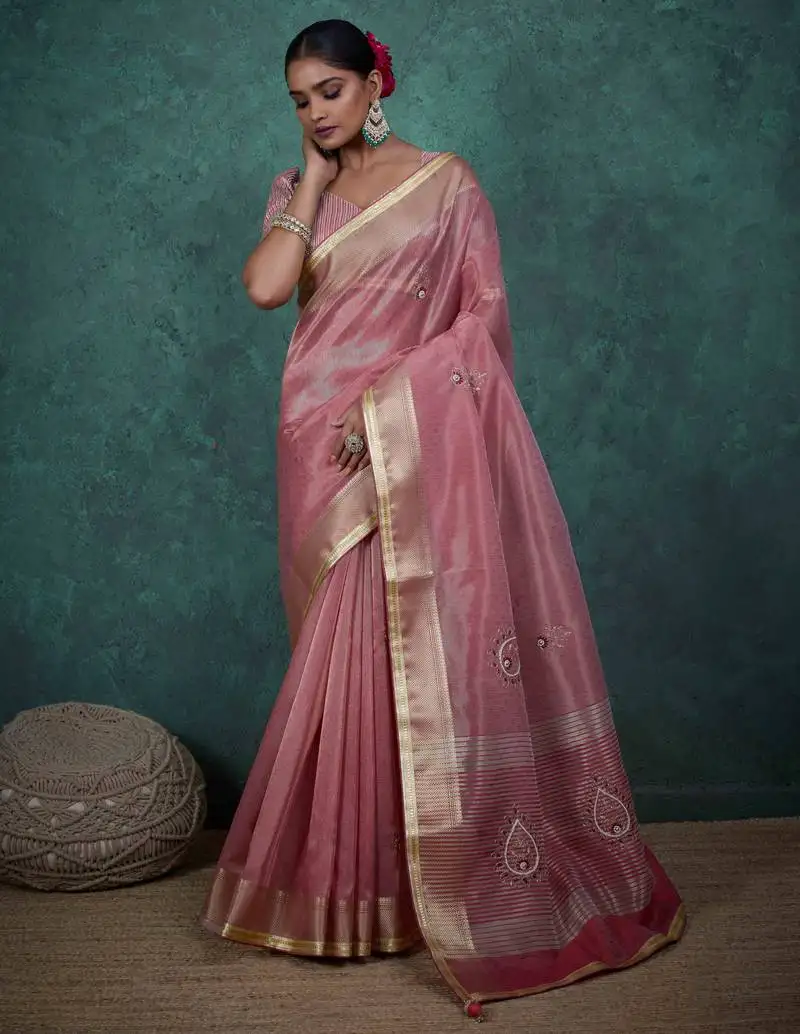 Pink tissue linen zari woven saree with unstitched blouse