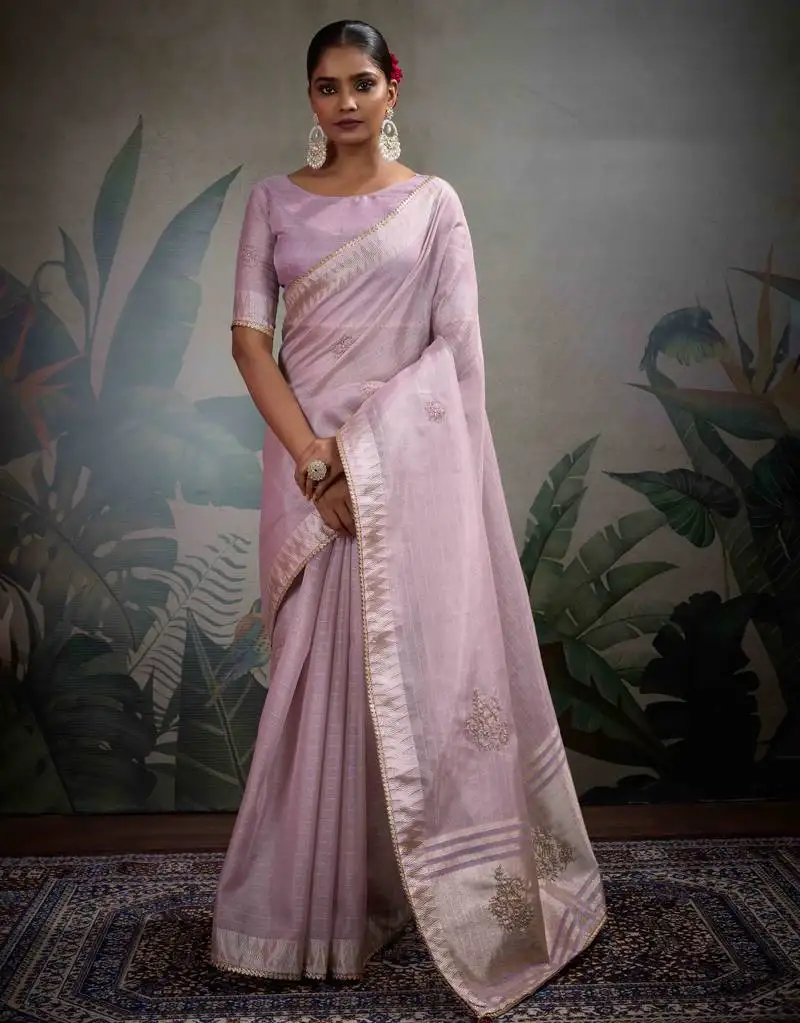 Lavender tissue linen handwork saree with unstitched blouse