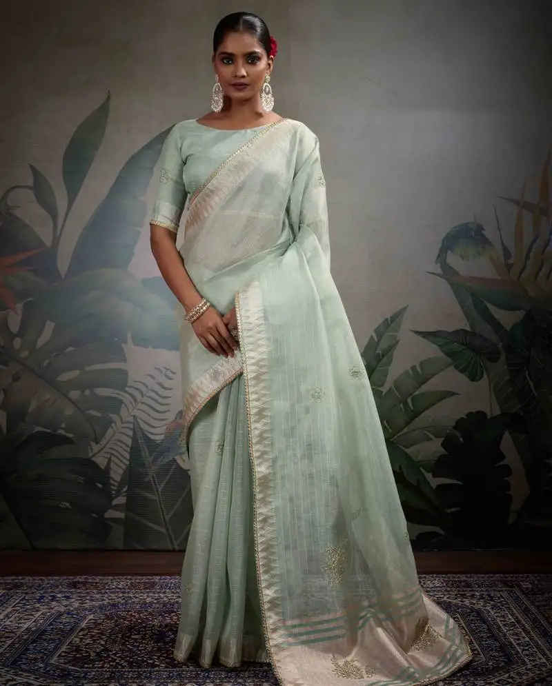 Mint tissue linen handwork saree with unstitched blouse