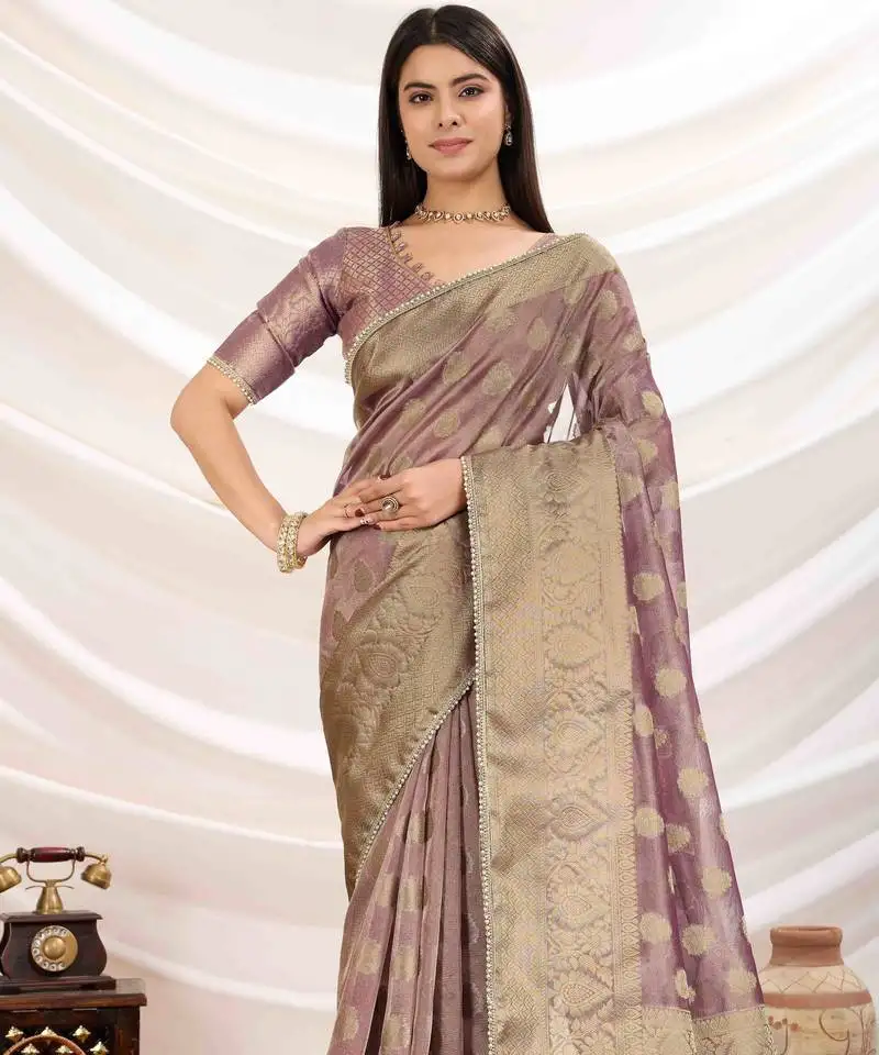 Mauve tissue zari woven saree with unstitched blouse