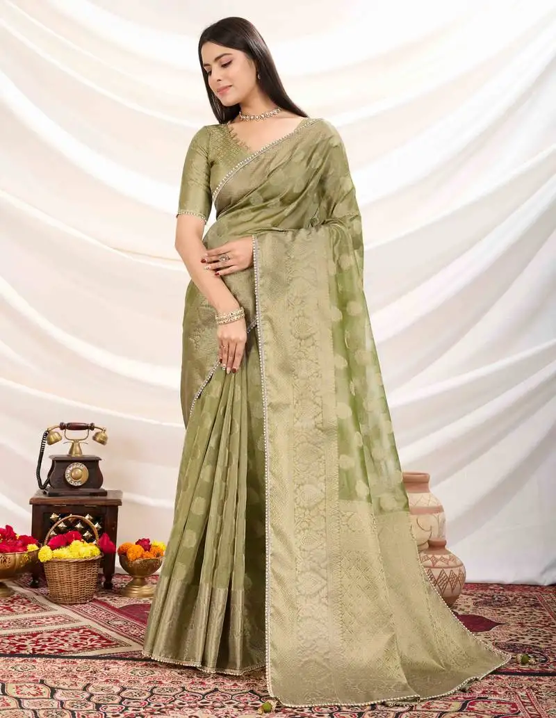Olive tissue zari woven saree with unstitched blouse