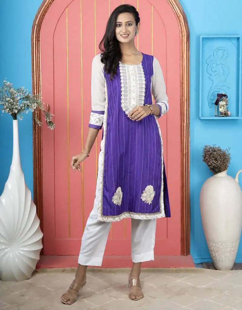 Purple embroidered silk straight cut kurta