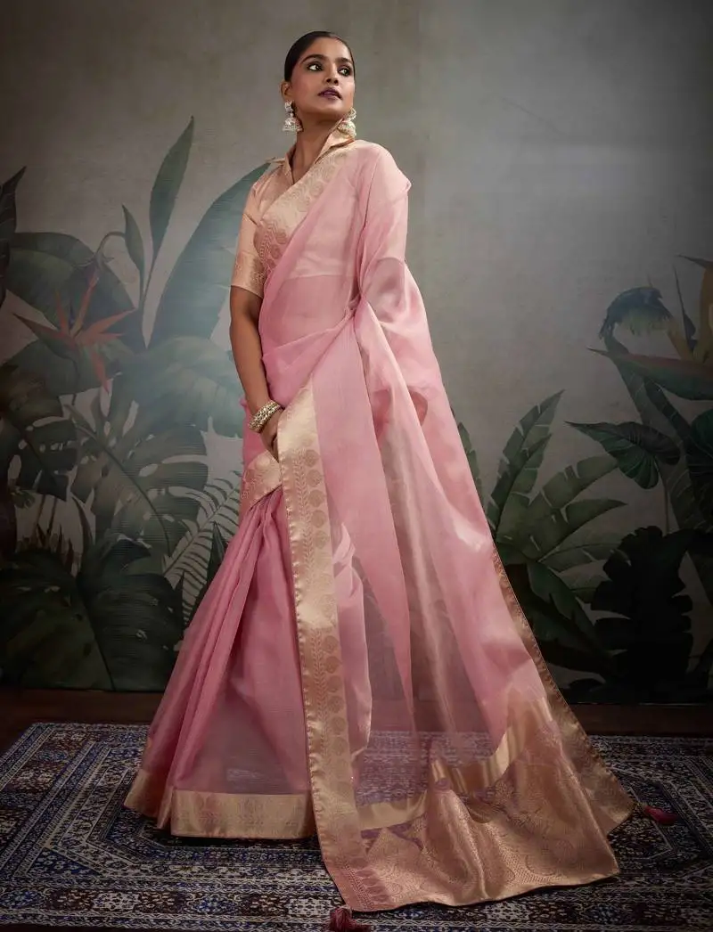 Pink tissue zari woven saree with unstitched blouse
