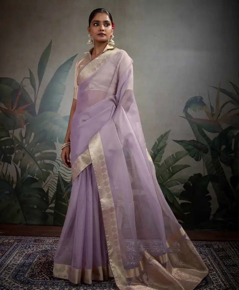 Lavender tissue zari woven saree with unstitched blouse
