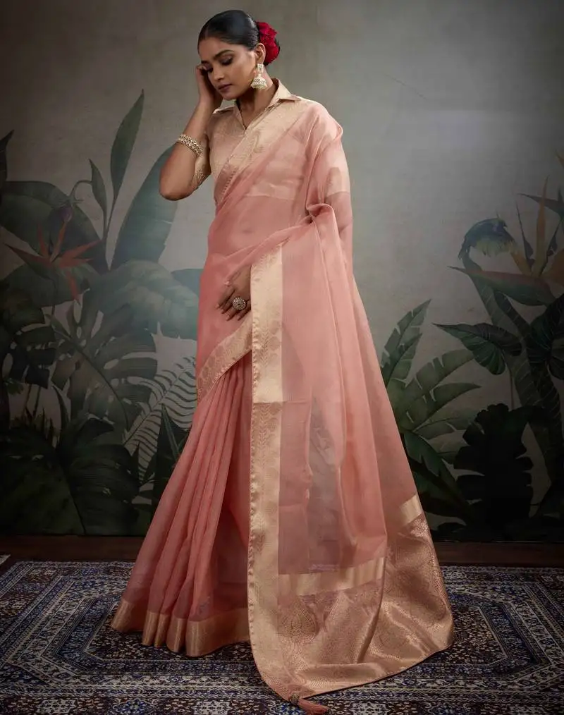Peach tissue zari woven saree with unstitched blouse