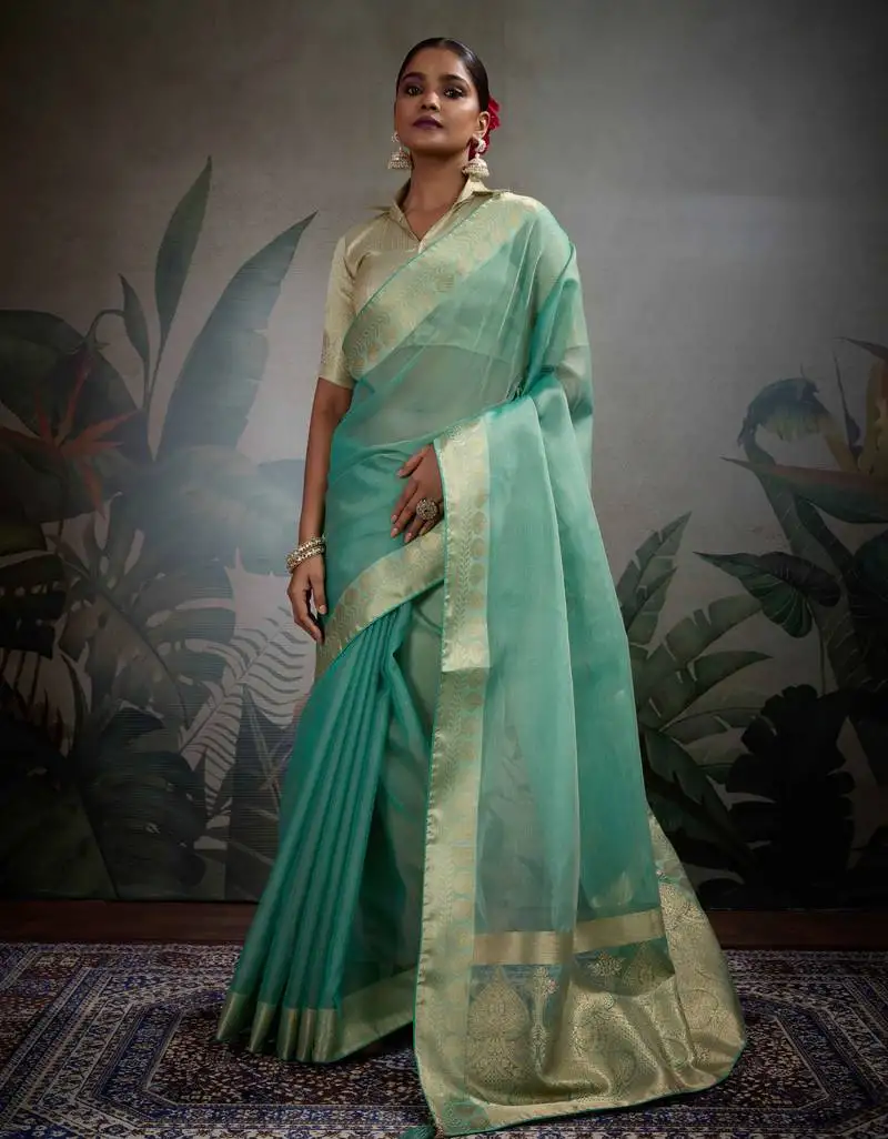 Turquoise tissue zari woven saree with unstitched blouse