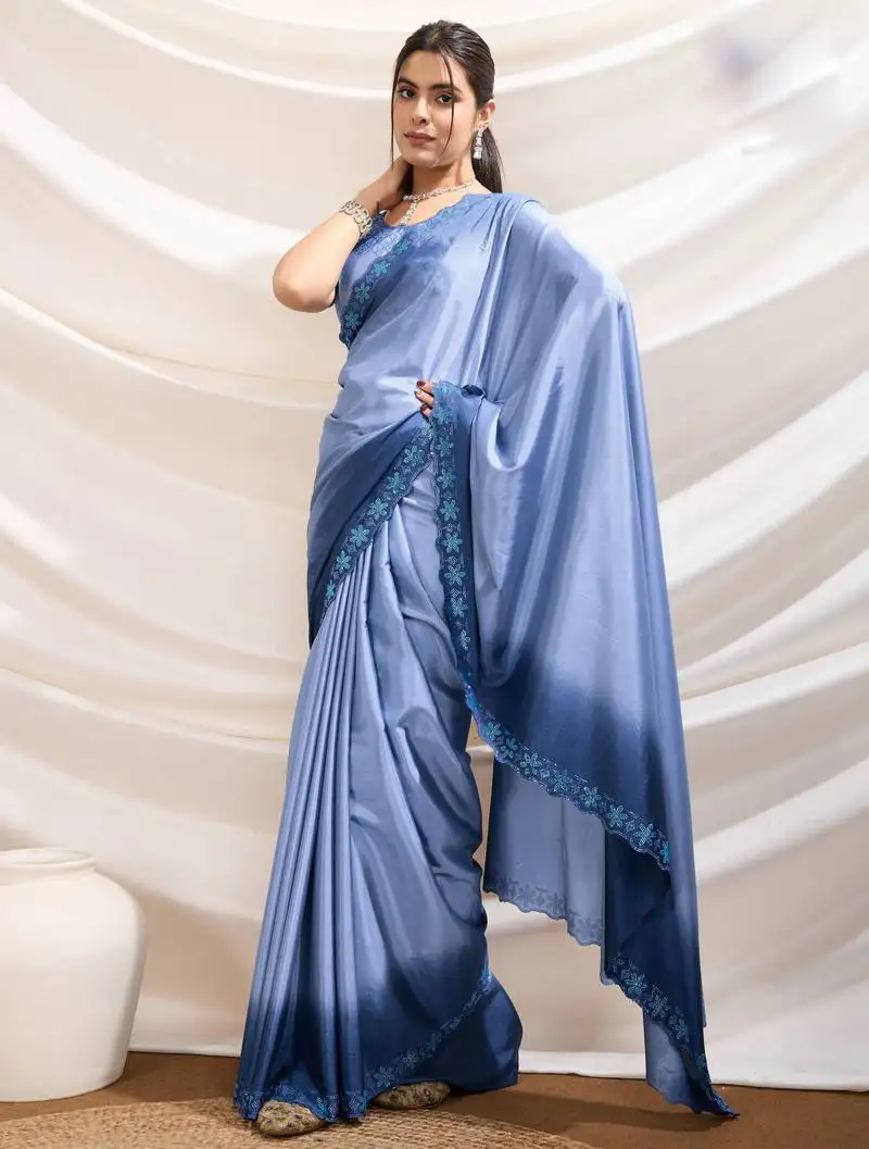Blue crepe beads & stone saree with unstitched blouse