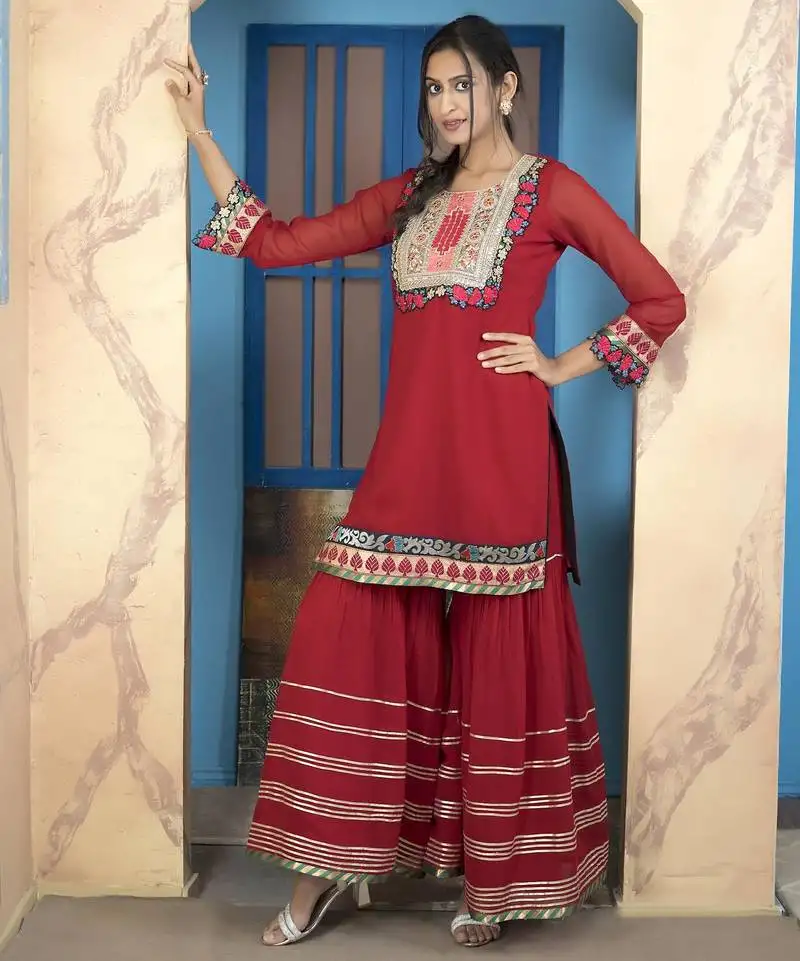Maroon embroidered georgette straight cut kurta