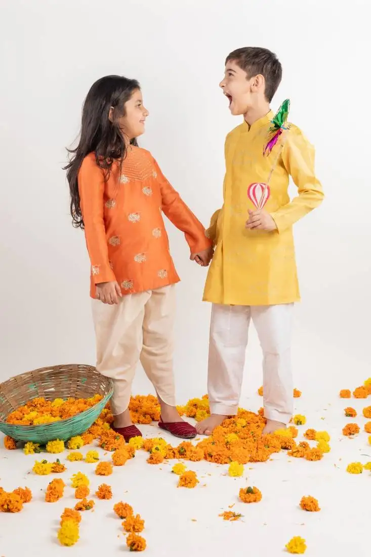 Orange embroidered cotton kurta set