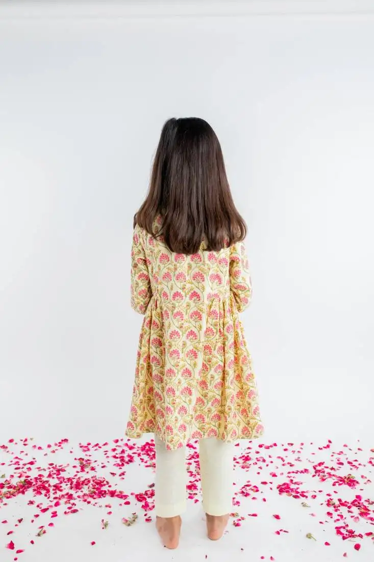 Yellow printed cotton kurta set