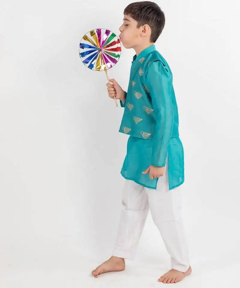 Teal embroidered cotton nehru jacket set