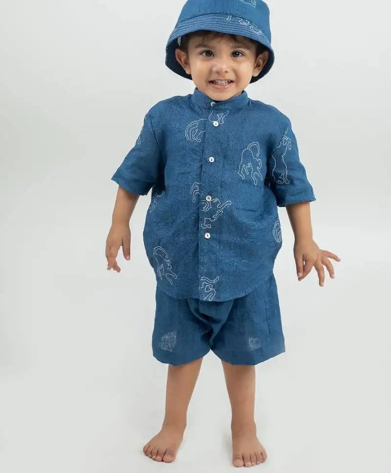 Blue embroidered linen co ord set with cap