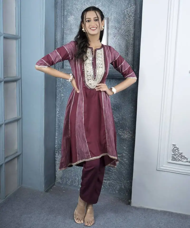 Maroon embroidered silk a line kurta