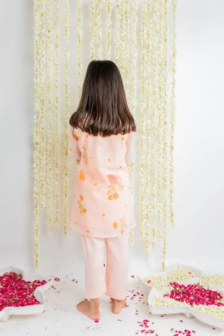 Peach printed cotton kurta set