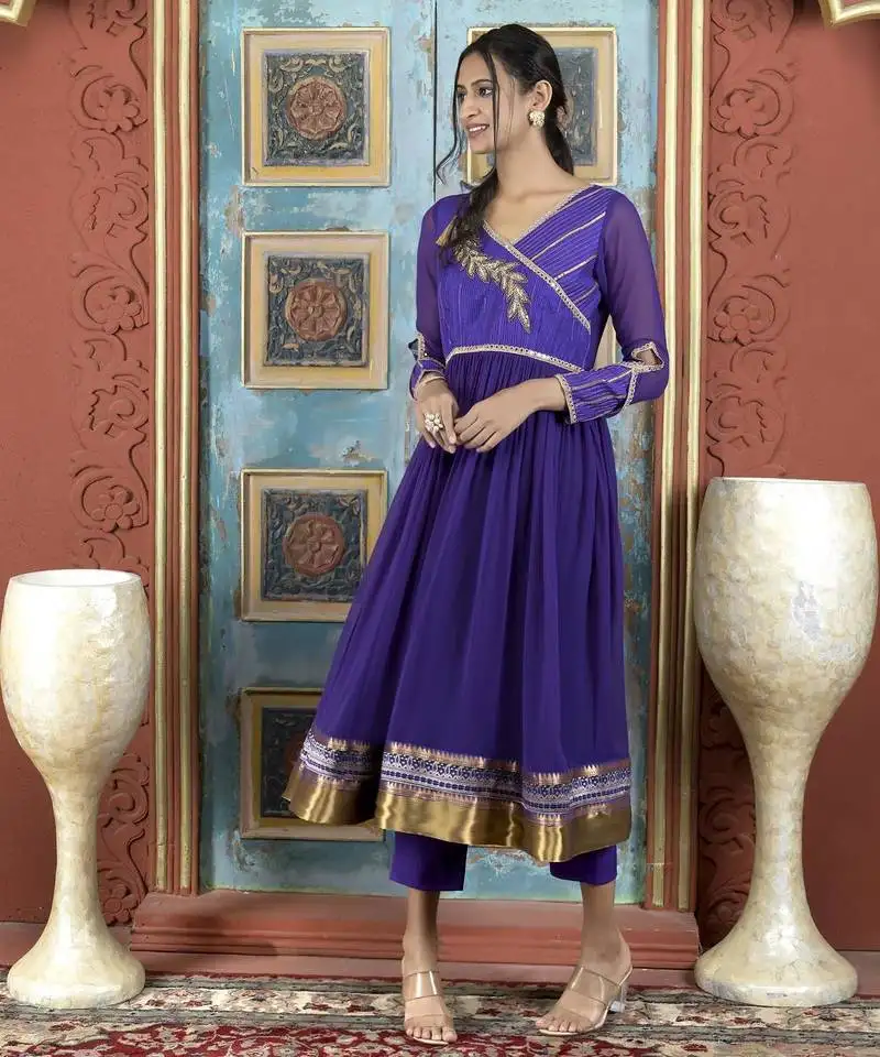 Purple embroidered georgette a line kurta