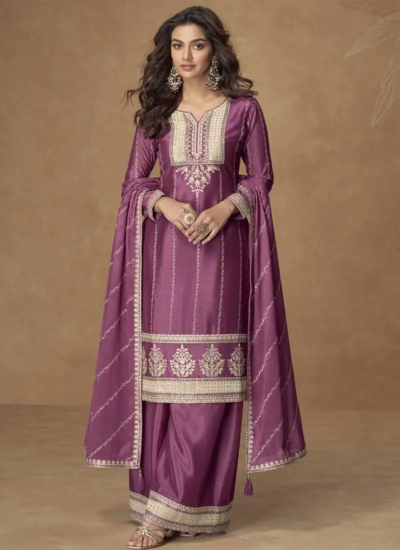 Onion pink chinon silk embroidered deiigner palazzo suit stitched