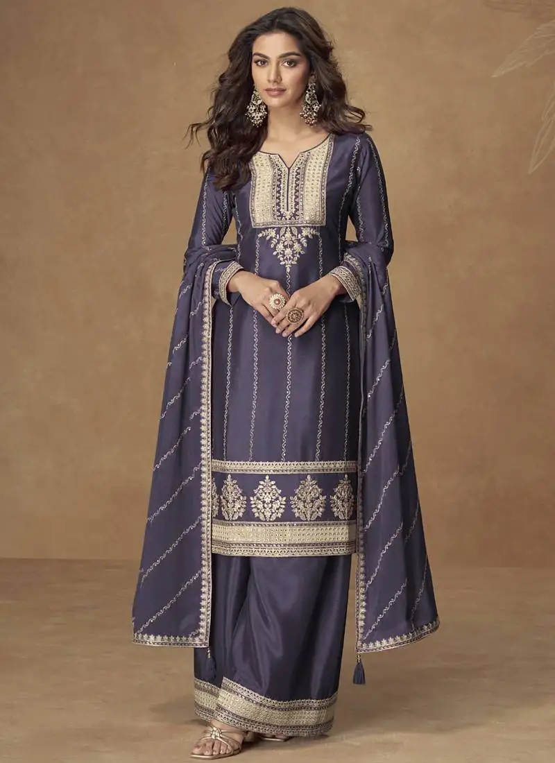 Violet chinon silk embroidered deiigner palazzo suit stitched