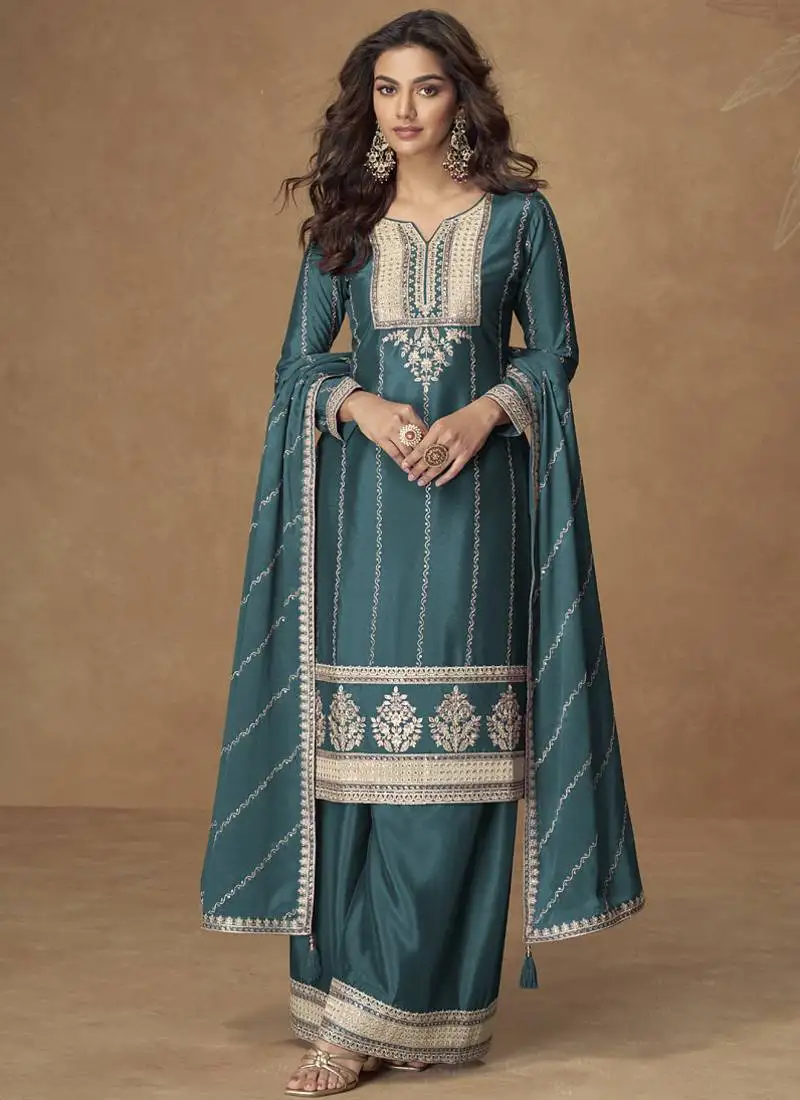 Teal blue chinon silk embroidered deiigner palazzo suit stitched