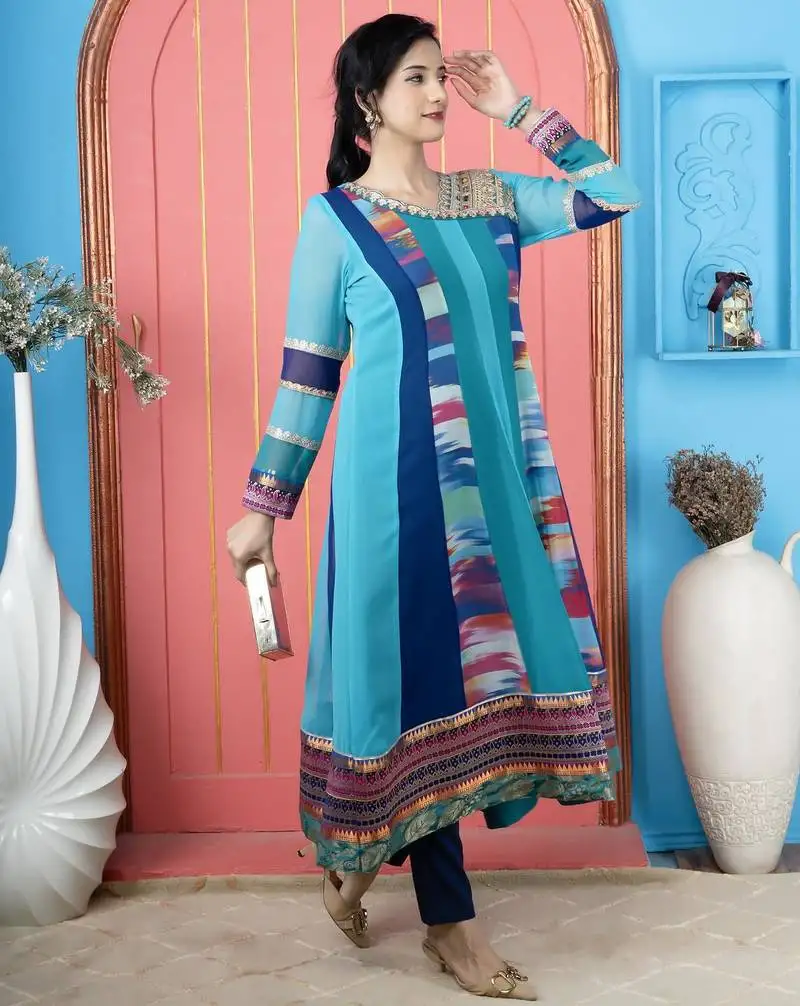 Blue embroidered georgette asymmetrical kurta