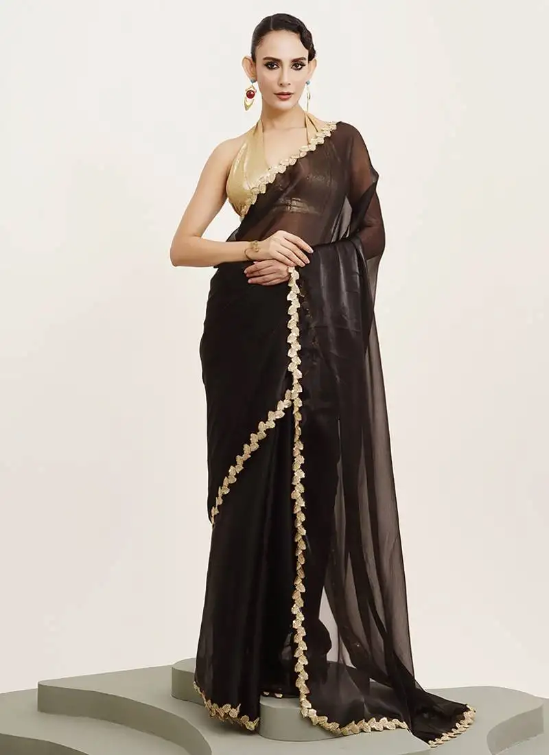 Black sequin organza saree for festive wear with blouse