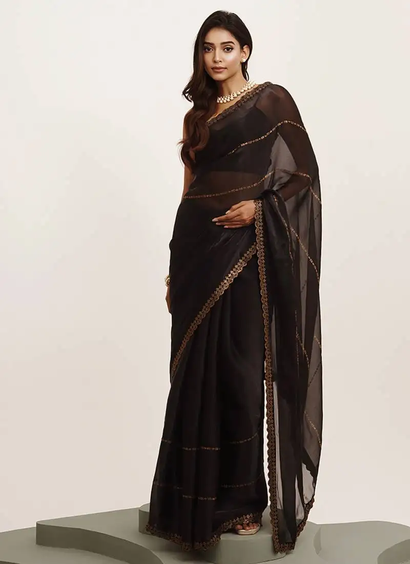 Black beads organza saree with border and blouse