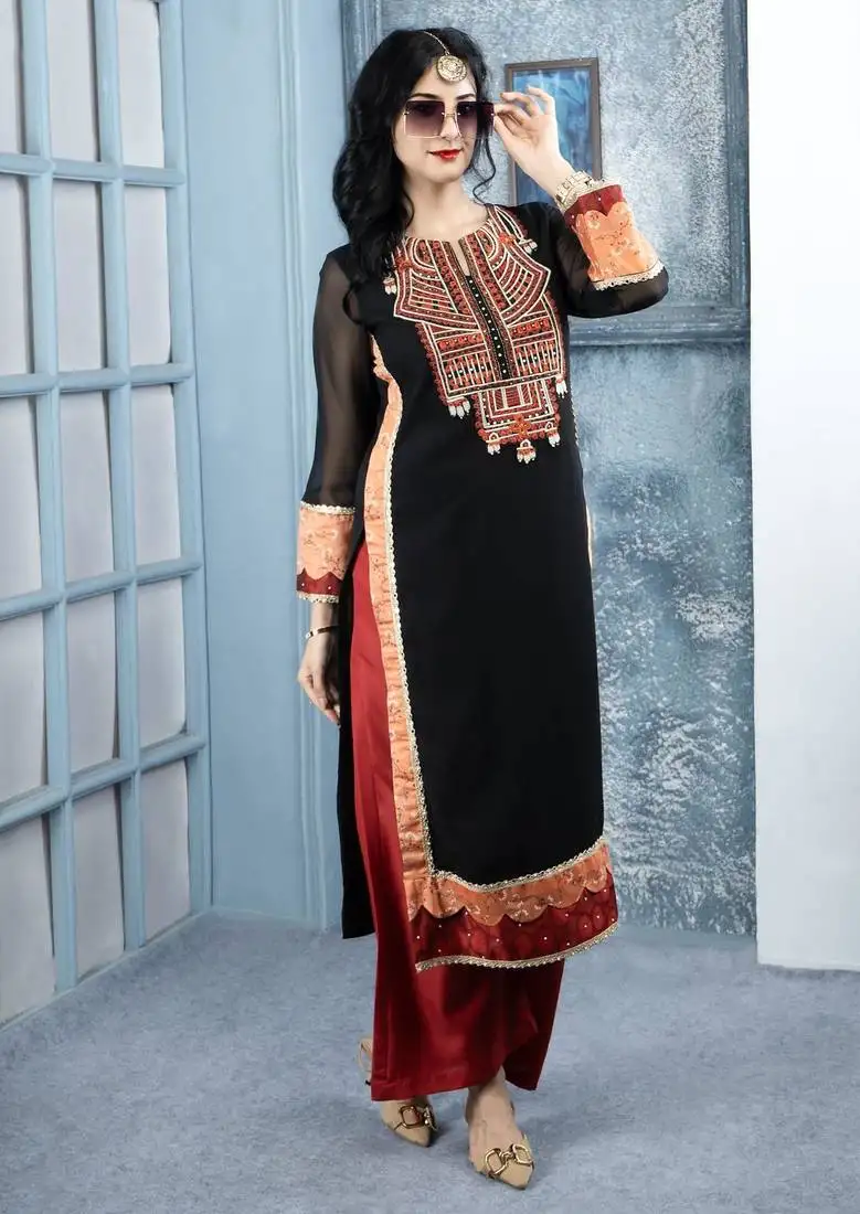 Black embroidered georgette straight cut kurta