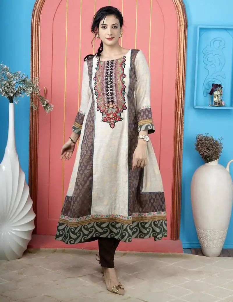 Beige embroidered silk kurta