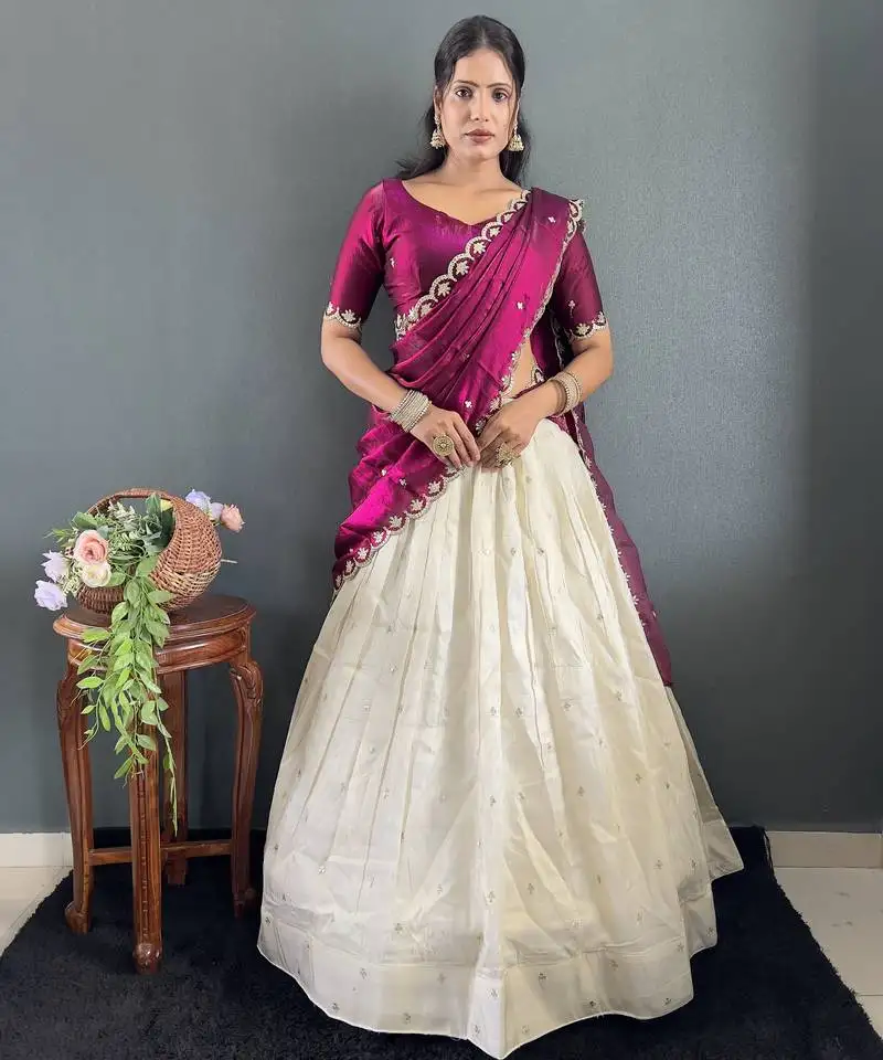 Wine tissue silk embroidery lehehga choli set