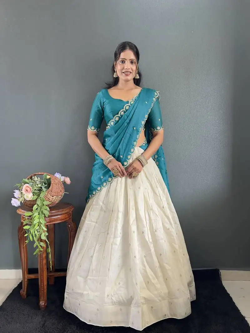 Teal tissue silk embroidery lehehga choli set