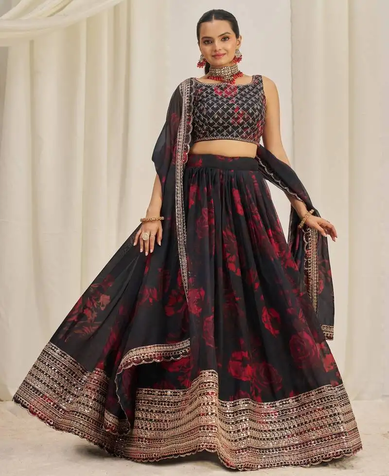 Black zari sequins embroiderey floral printed organza lehenga choli