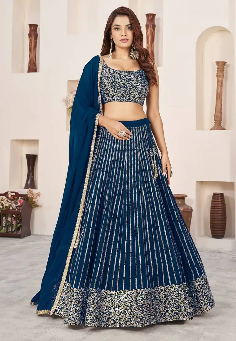 Blue sequins zari embroidered georgette semi stitched lehenga
