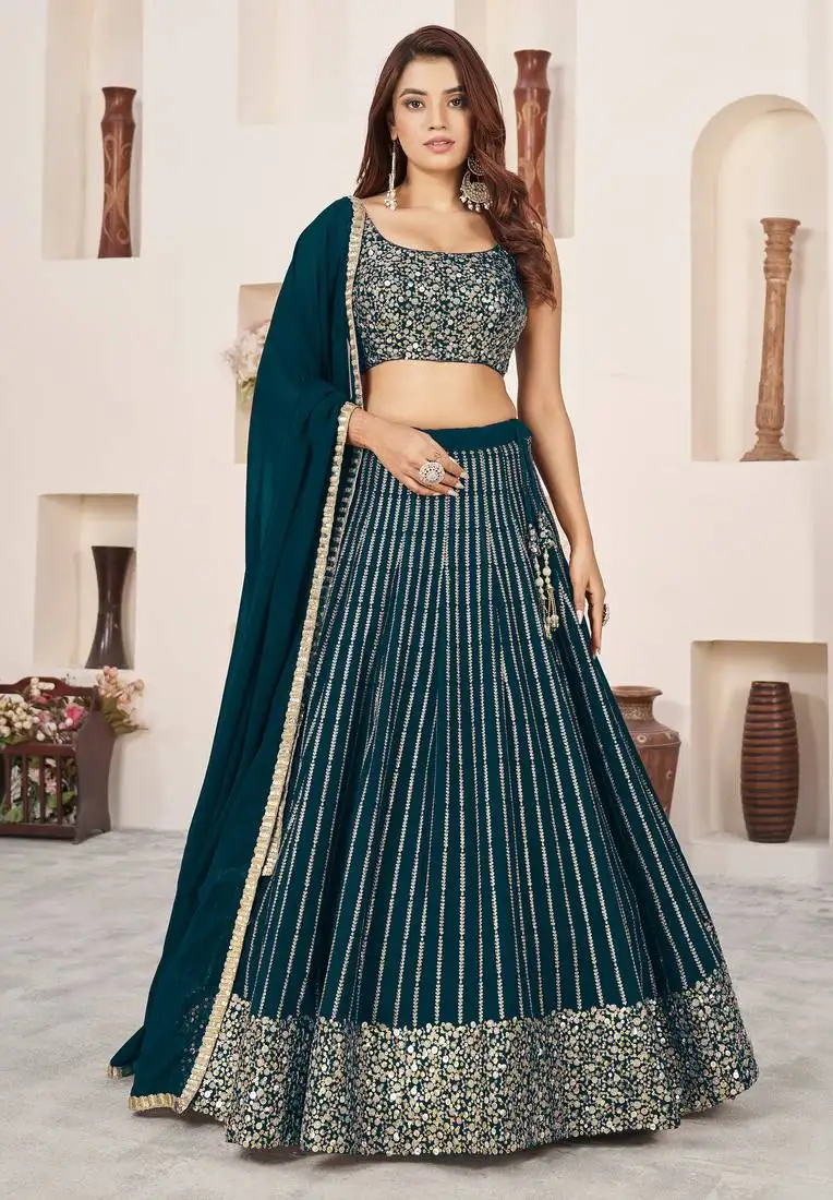 Green sequins zari embroidered georgette semi stitched lehenga