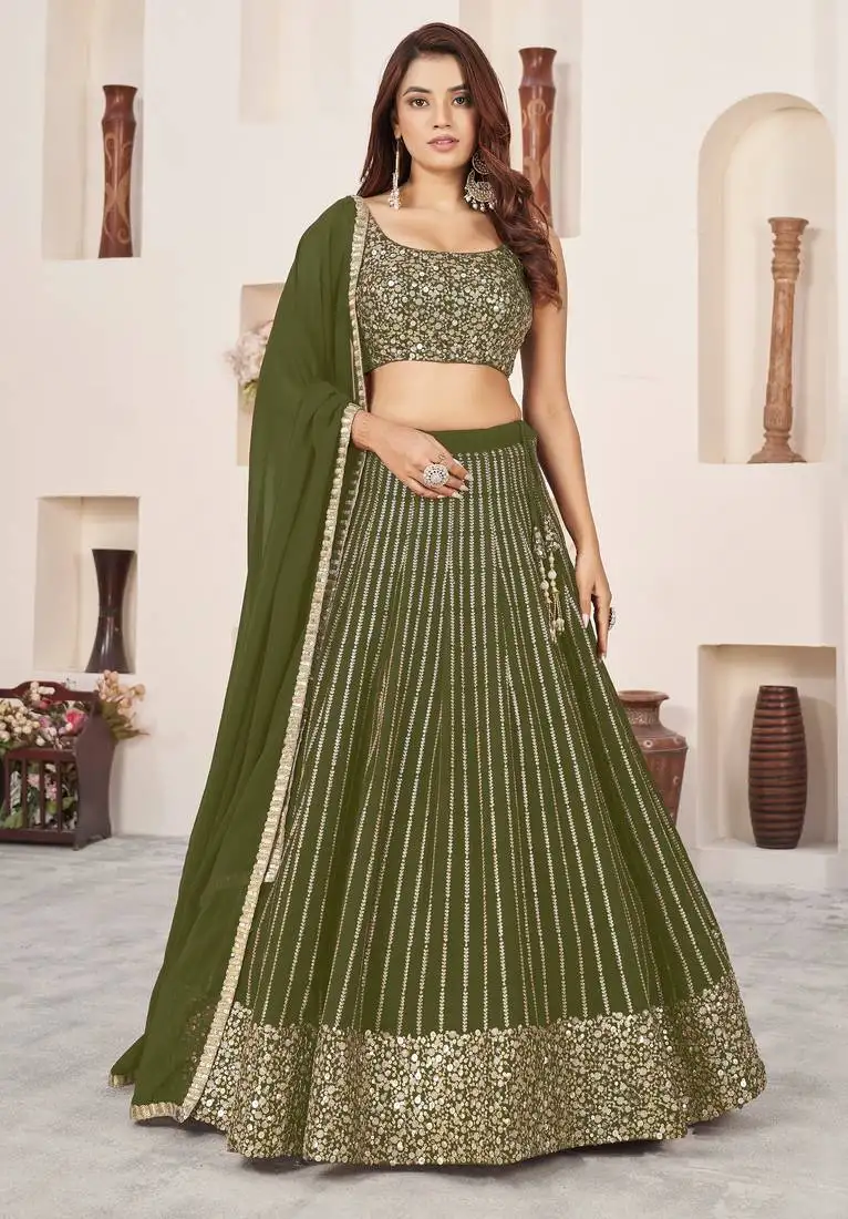 Olive sequins zari embroidered georgette semi stitched lehenga